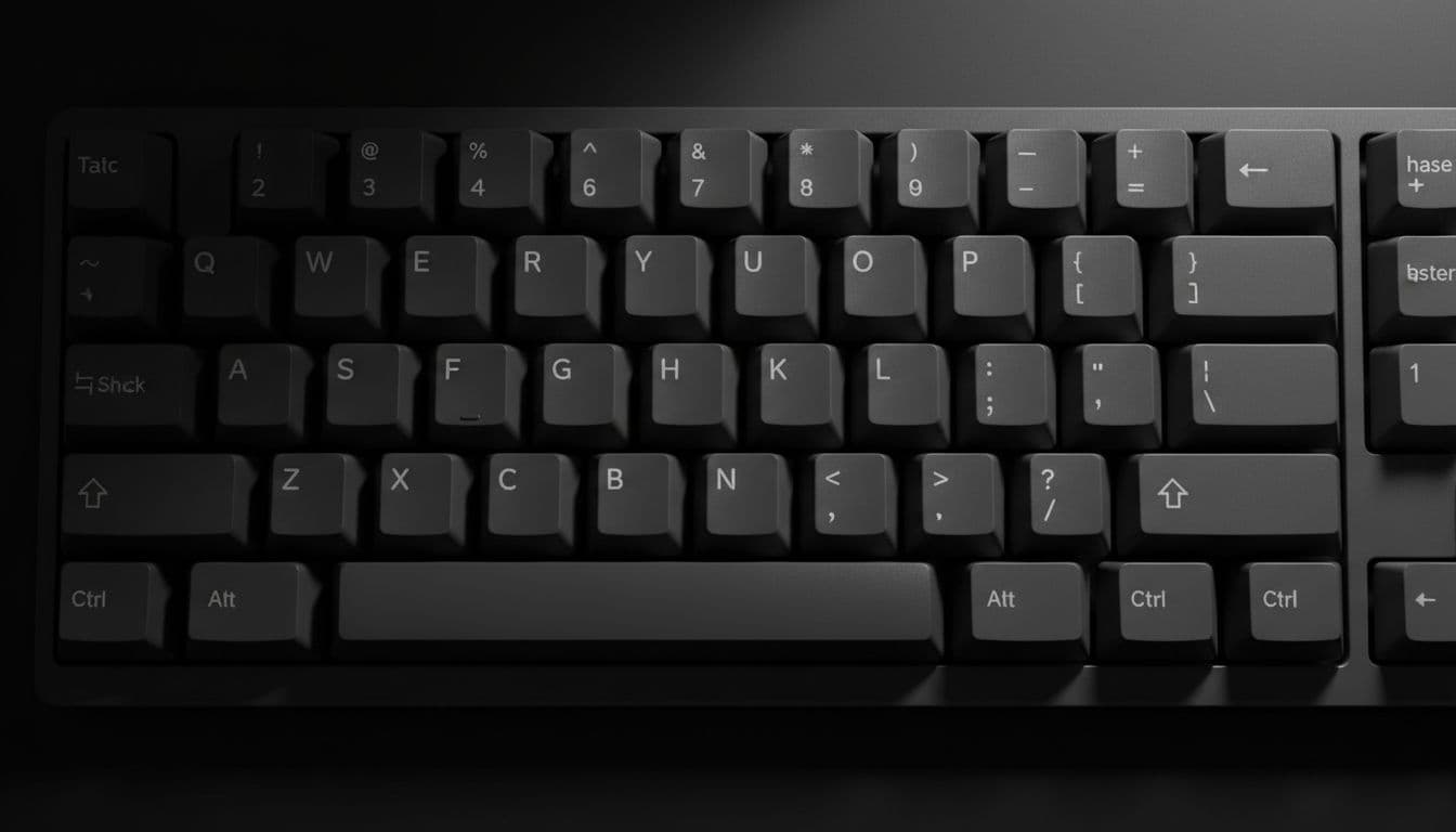 Close-up top-down realistic photograph of a standard computer keyboard in a dark room, focusing on the number row from 1 to 0 and QWERTY row with repeating keys, dramatic low-key lighting and shadows emphasizing hacker-targeted patterns, no text, labels, people, or extra objects.