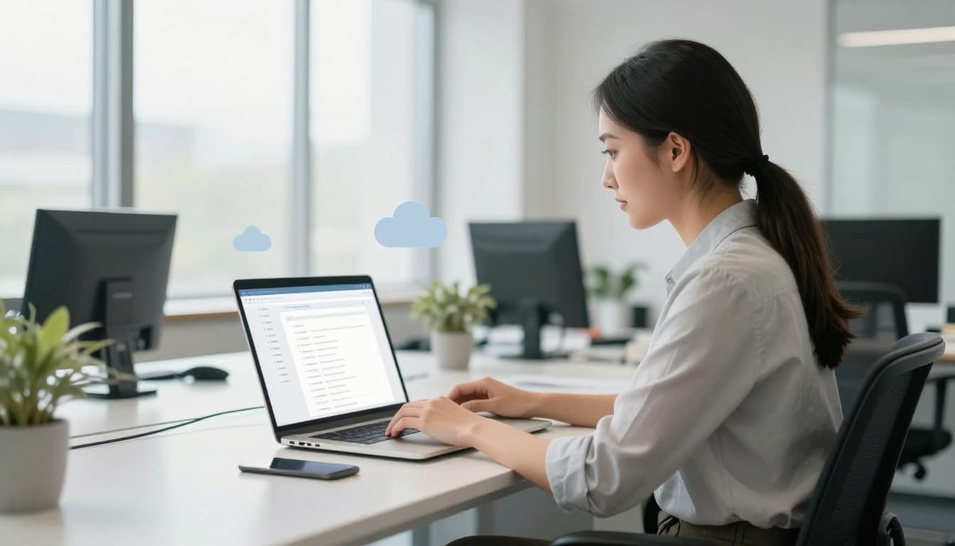 A single business professional seated at a desk in a bright modern office, using a laptop open to a simple web dashboard with subtle cloud icons floating above, illuminated by natural window light in realistic photography style.