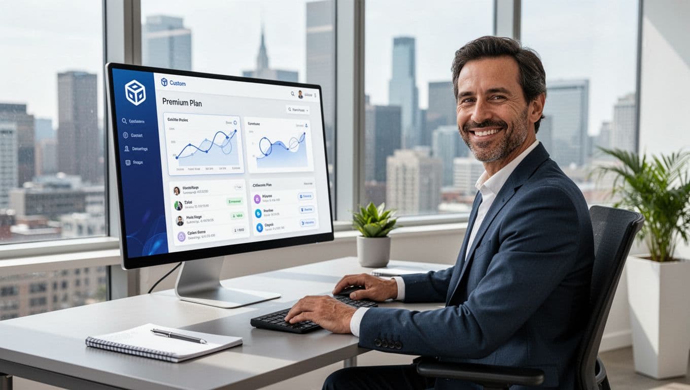 A confident small business owner, aged 30-40, sits relaxed at a sleek office desk with one hand on mouse and one on keyboard, customizing white-label reseller hosting plans on a large monitor showing a branded dashboard with custom logo, client accounts, and package options like 'Premium Plan'. Modern minimalist office with city skyline view through large window, vibrant daylight, realistic photography, sharp details, subtle notepad and plant.