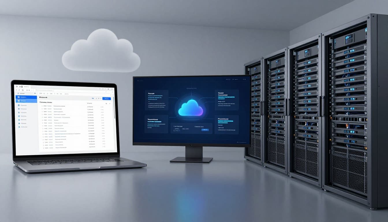 Split scene in clean modern style comparing web app dashboard on laptop with cloud overlay, customizable cloud platform, and physical server rack in data center.