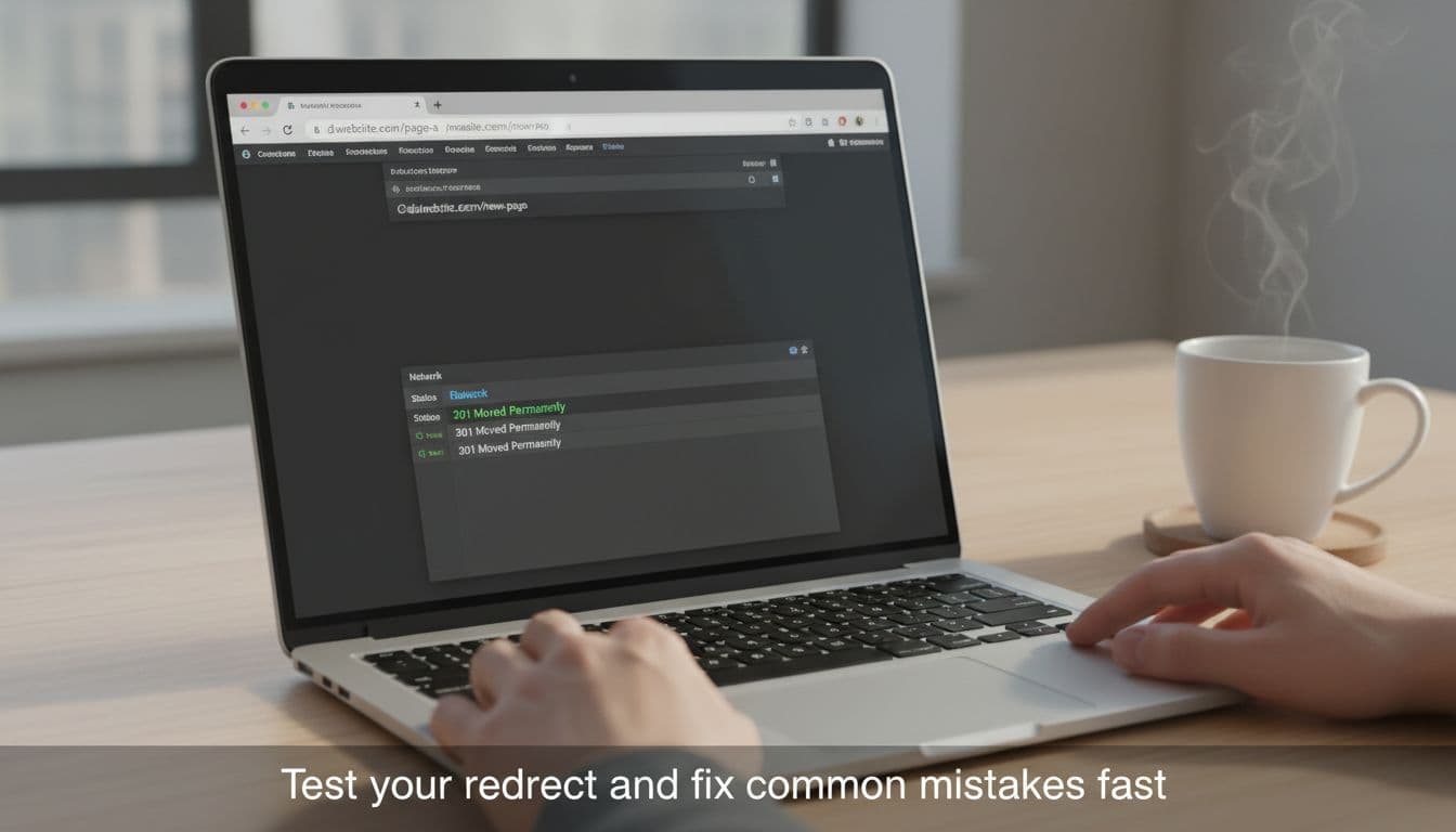 Laptop screen showing a browser window with an old URL redirecting to a new URL, 301 status code visible in the slightly open developer tools panel below. Simple workspace with coffee mug beside, resting hands nearby, realistic style, soft daylight lighting.