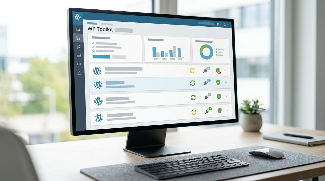 Clean computer screen in a modern office desk setup displaying a web hosting control panel with WP Toolkit dashboard open, showing WordPress sites with status icons for updates, plugins, and security checks. Keyboard and mouse in foreground under natural daylight lighting.