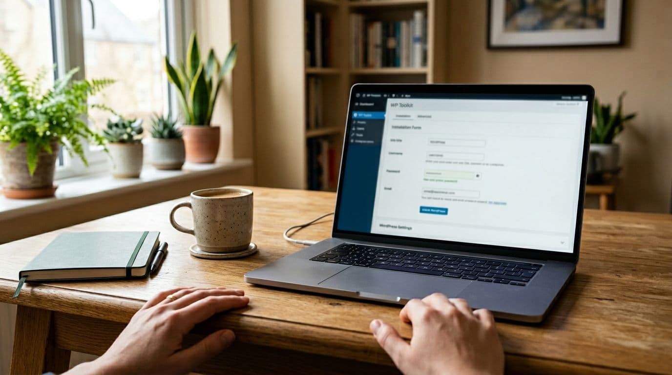 Laptop on a wooden desk in a cozy home office displaying a blurred WP Toolkit WordPress installation screen, with coffee mug, notebook, and relaxed hands nearby under soft lighting.