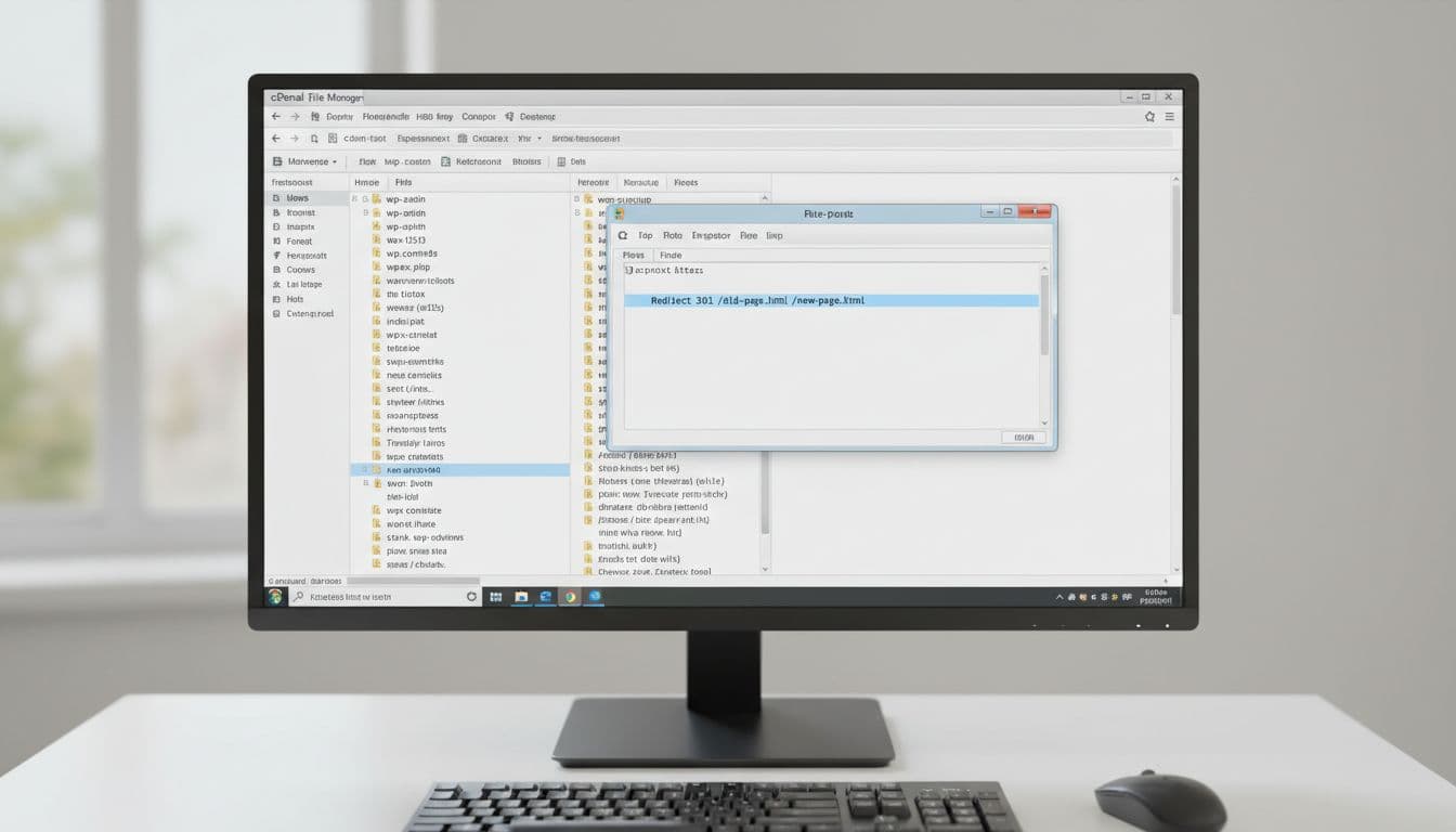 Overhead realistic photo of a computer screen displaying cPanel File Manager in public_html root folder, with .htaccess file selected and open showing a simple Redirect 301 line, clean desk with keyboard and mouse.