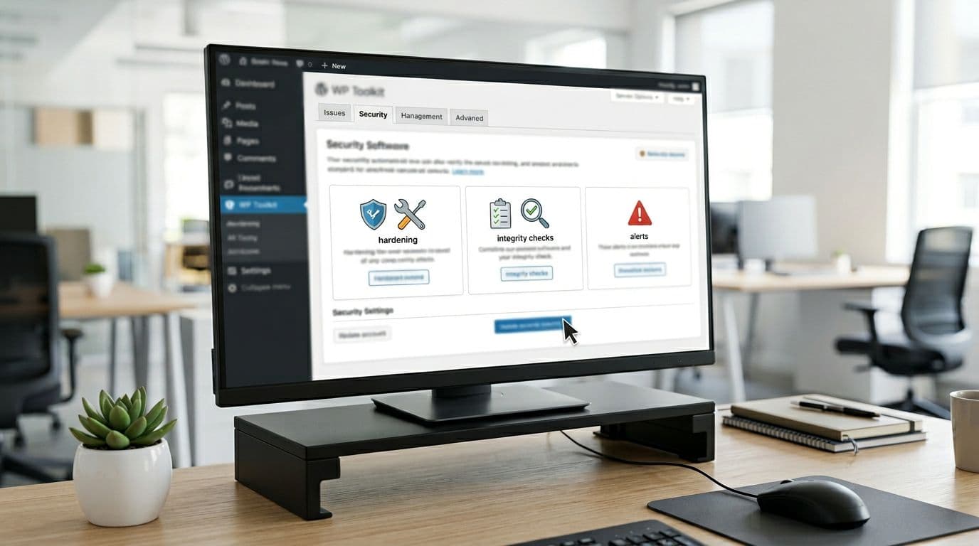 Photorealistic image of a desktop computer screen on an office desk displaying the WP Toolkit security tab interface with icons for hardening, integrity checks, and alerts; screen content is blurred with no readable text, mouse pointer hovering, potted plant and monitor stand nearby in bright office lighting.