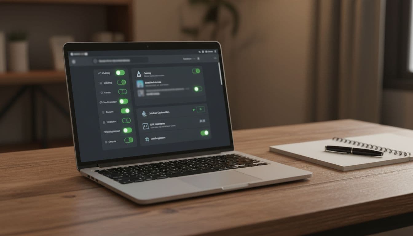 Photorealistic laptop screen displaying blurred hosting control panel with performance optimization toggles enabled and green indicators lit, on a wooden desk with notebook and pen, warm indoor lighting.