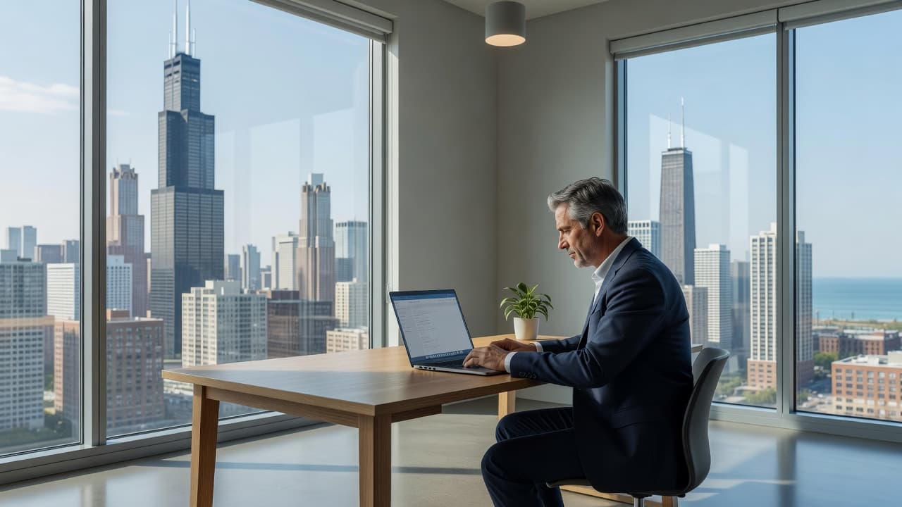 A focused professional sits at a sleek desk within a sunlit modern office. Through the large window behind them, the iconic Chicago skyline stretches across the urban horizon in daylight.