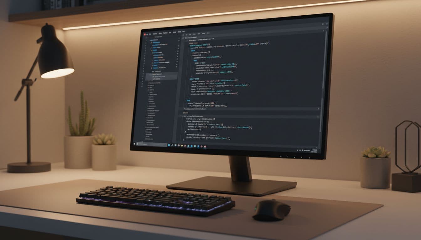 Desktop monitor at slight angle shows dark theme code editor with blurred HTML CSS JS code, keyboard and mouse nearby.