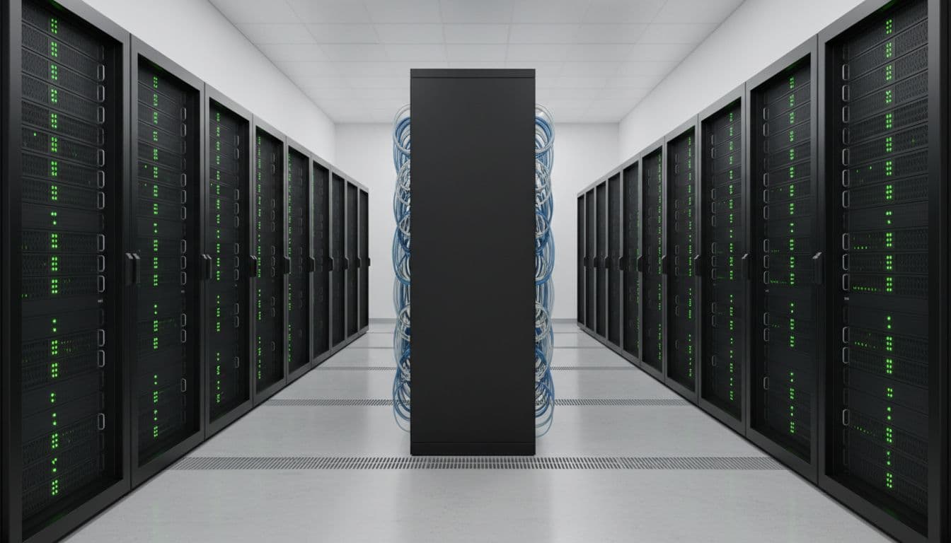 Three server racks with green status lights, active fans, and blue glowing fiber optic cables in spacious high-tech room.