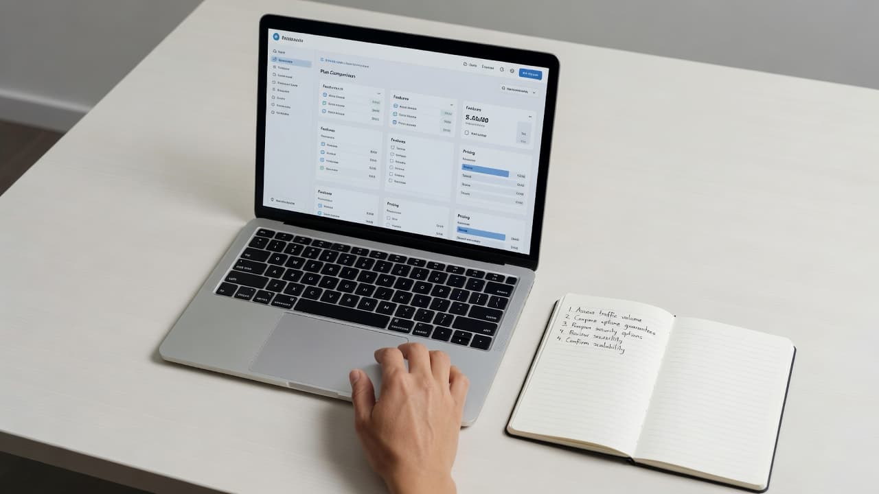 A clean desk features a laptop displaying an analytical dashboard beside a notebook with a handwritten checklist. One hand rests near the keyboard, illustrating a focused approach to managing web services.